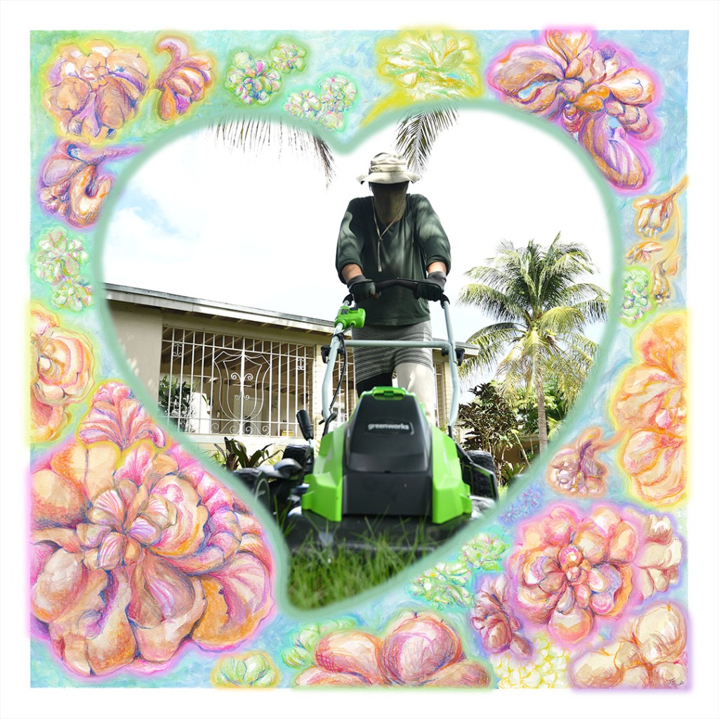 Romance Romance. 2022. photo collage. depicting John DeFaro in KRELwear with his battery-powered push lawn mower. North Miami, FL. Photo: James Mann